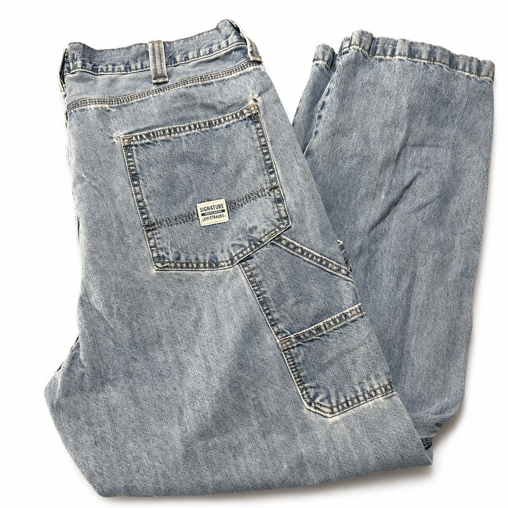Signature Levi Strauss Mens Carpenter Jeans 40x32 Light Wash Distressed Workwear